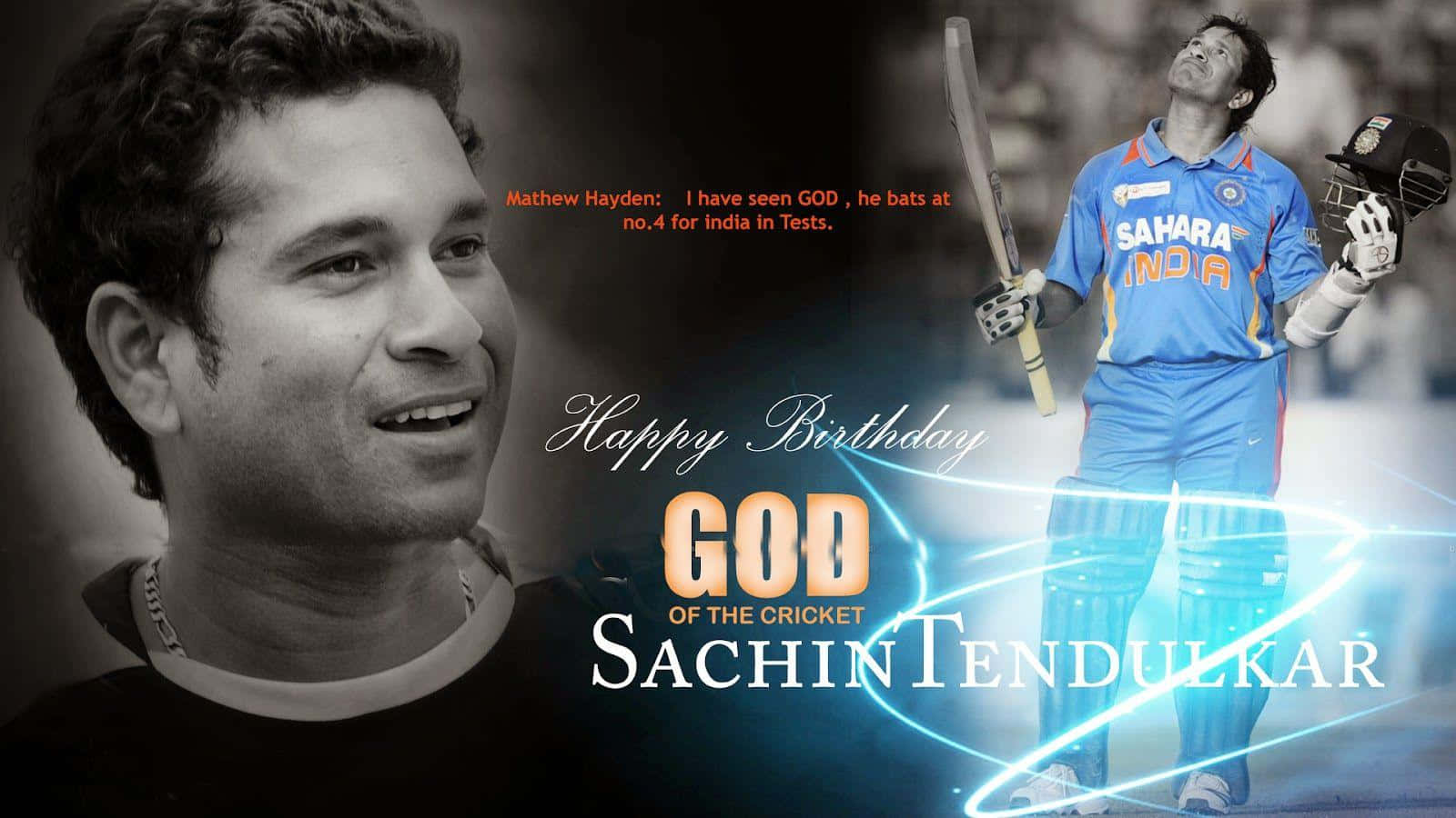 Sachin Tendulkar 桌布 壁紙 — 一幅致敬桌布，以 Sachin Tendulkar 的黑白肖像為特色，旁邊是帶有慶祝文字的發光藍色板球運動員圖形。