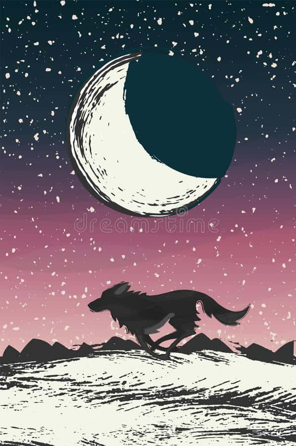 一幅色彩繽紛、生動的酷動物銀河圖像 壁紙 — 一隻孤狼喺佈滿星星嘅暮色天空下，喺一個大彎月下面跑過一個雪丘。