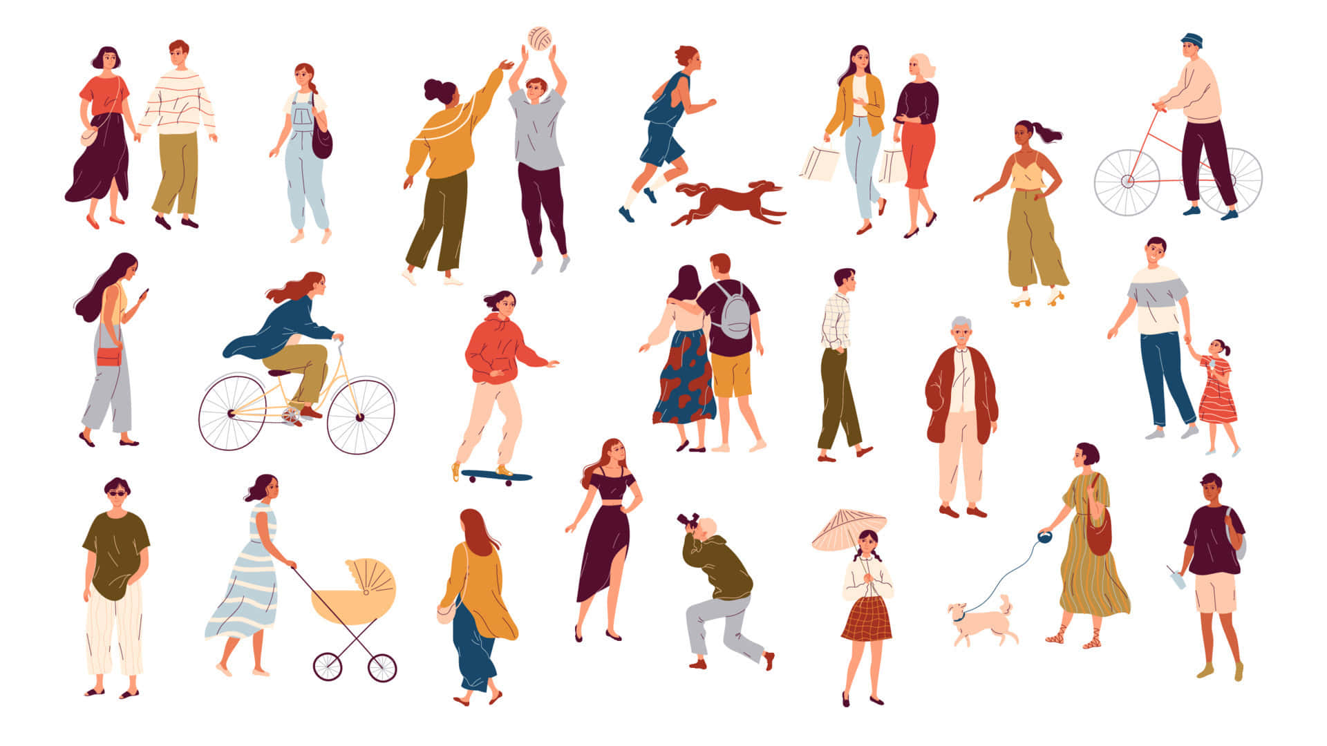 Outdoor Activities 桌布 壁紙 — 一幅色彩繽紛的插圖，描繪不同人士在純白色背景上進行日常活動，如騎單車、玩滑板以及帶寵物散步。