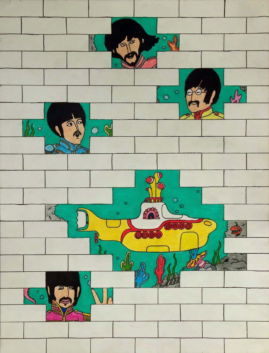Yellow Submarine 桌布 壁紙 — 一幅色彩繽紛的插圖，描繪披頭四透過磚牆窺視，他們的黃色潛水艇浸沒在下面的綠色水中。