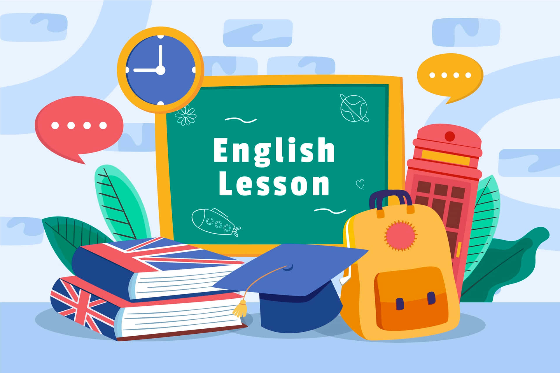 English 桌布 壁紙 — 一幅色彩繽紛的插圖，描繪英語課堂，書本、畢業帽、時鐘和對話氣泡圍繞著黑板。