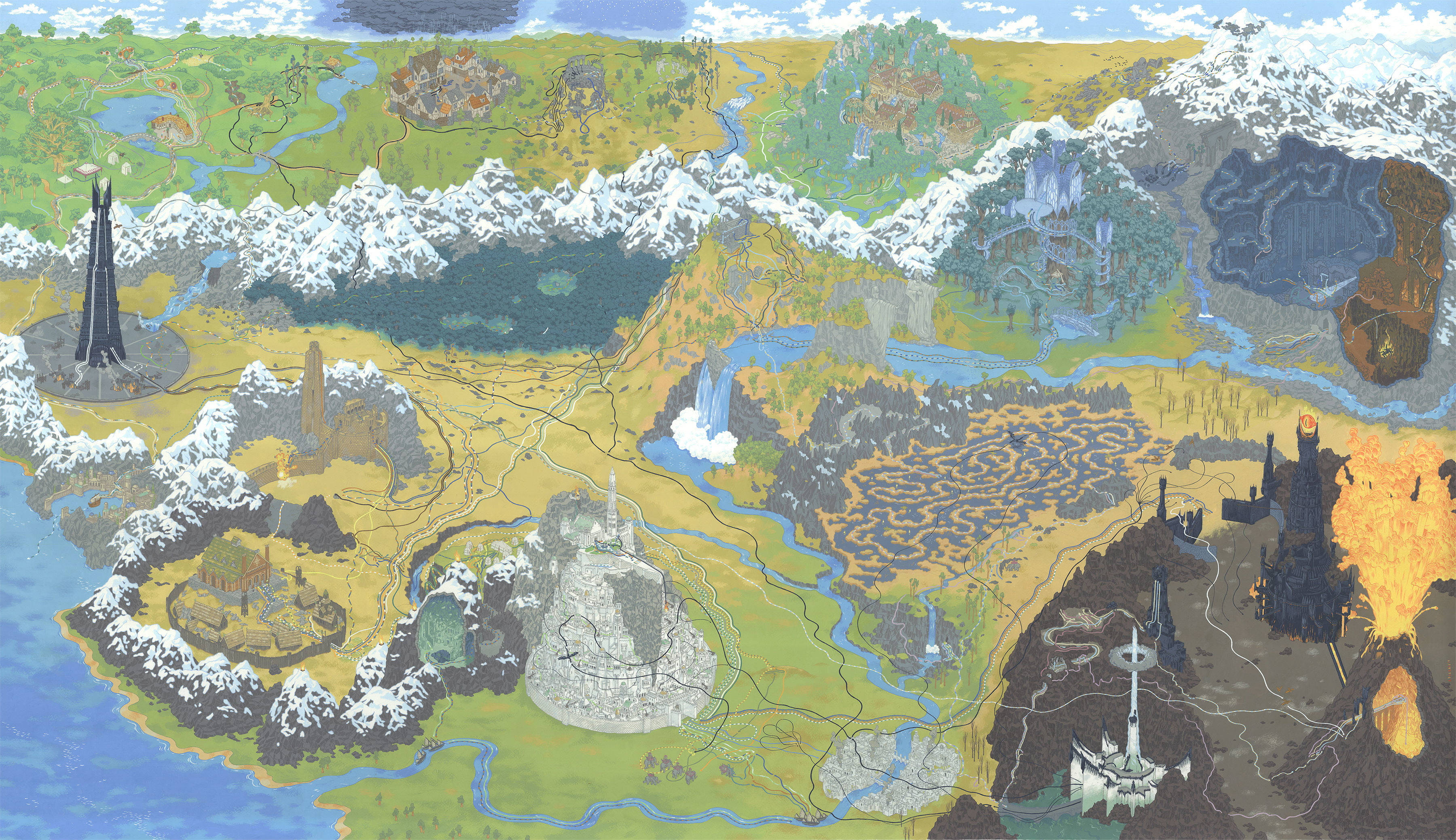 Lord Of The Rings Landscape 桌布 壁紙 — 一幅色彩繽紛的插畫奇幻地圖，展示從雪峰到火山區域、城堡和河流的多樣地形。