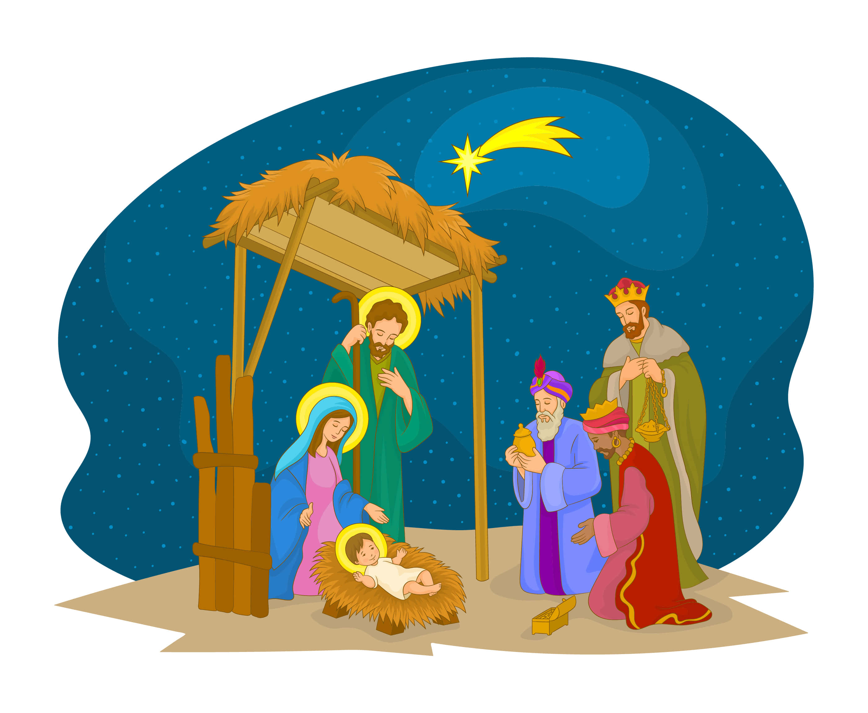 Nativity Scene 桌布 壁紙 — 一幅色彩繽紛的耶穌誕生場景插圖，描繪了瑪利亞、約瑟、馬槽中的嬰兒耶穌，以及三位博士在繁星點點的夜空下跪拜。