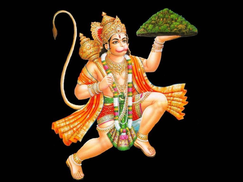 Indian 桌布 壁紙 — 一幅色彩鮮明的印度教神祇哈努曼插圖，以動態姿勢一手托著茂盛的山，另一手拿著狼牙棒，背景為黑色。