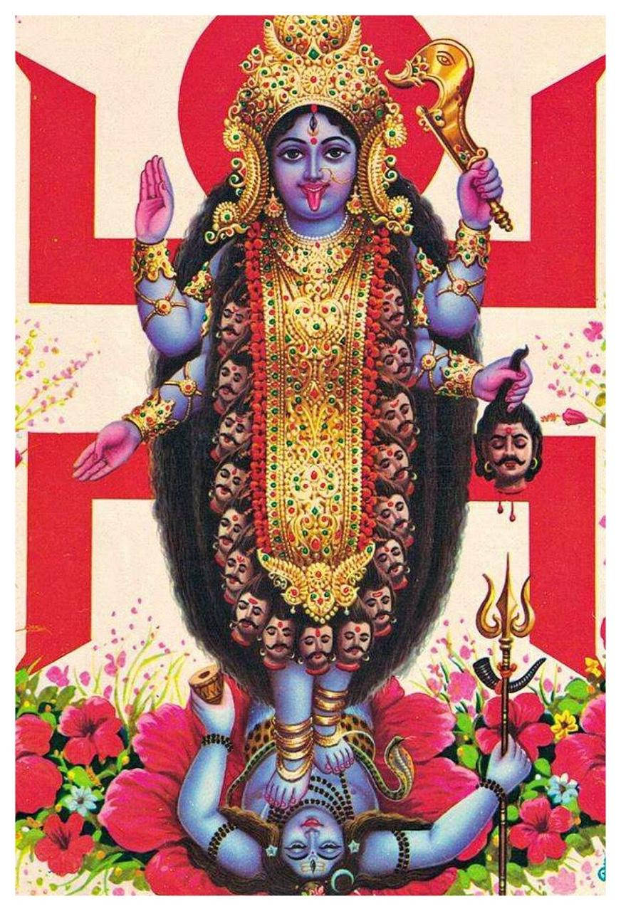 Hindu God 桌布 壁紙 — 一幅色彩鮮豔的插圖，描繪印度教女神卡莉站在一個被斬首的惡魔之上，背後有紅色太陽，腳下有花朵。