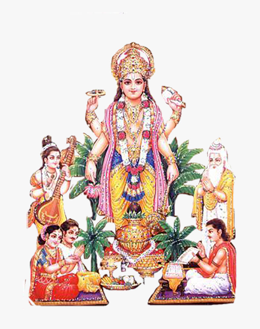 Vishnu 桌布 壁紙 — 一幅色彩鮮豔的插圖，描繪多位手臂的印度教女神，飾有珠寶和鮮花，周圍是信徒和音樂家。