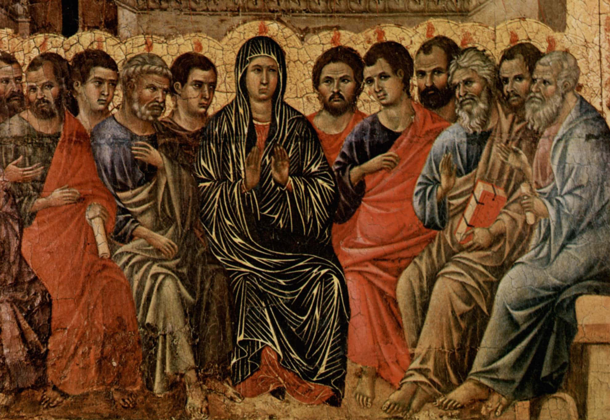 Jesus Disciples 桌布 壁紙 — 一幅莊嚴的宗教畫描繪聖母瑪利亞坐在中央，周圍是身穿垂褶長袍的使徒，背景是拱形金色。