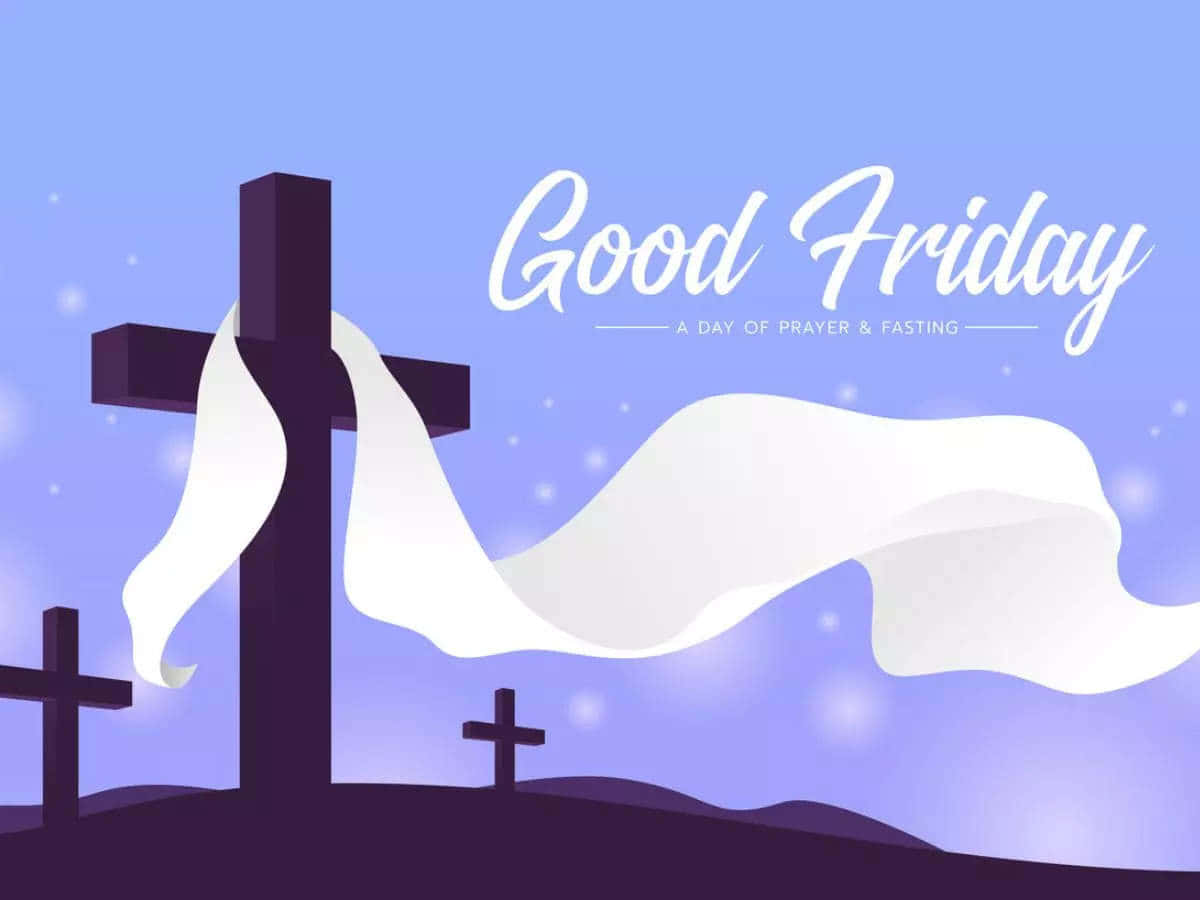 Good Friday 桌布 壁紙 — 一幅莊嚴的數碼插圖，描繪一個被白布覆蓋的大十字架，背景是紫色暮色天空，遠處有較小的十字架。