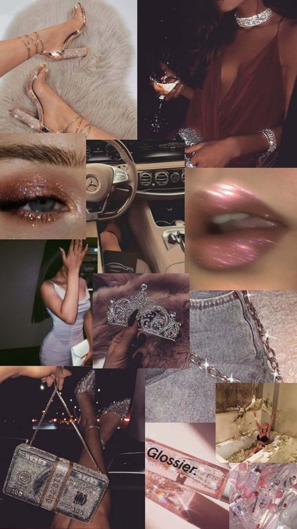 Baddie Girl Collage 壁紙 — 一幅華麗的拼貼畫，展現奢華生活方式的瞬間，包括閃粉化妝、高跟鞋、設計師配飾和香檳。