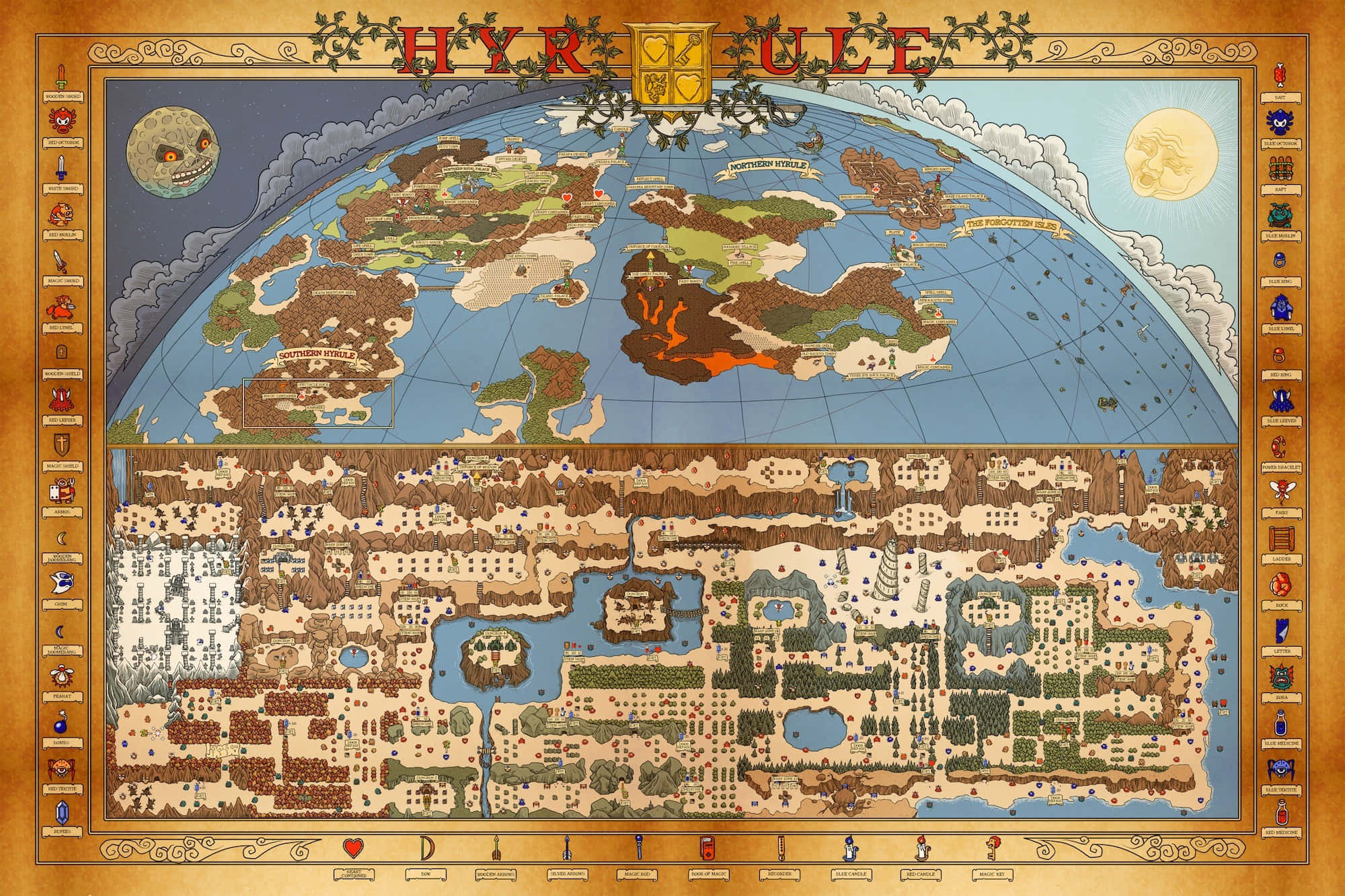 The Legend Of Zelda Hyrule 桌布 壁紙 — 一幅華麗的插圖海拉魯地圖，展示詳細的區域和地標，帶有裝飾邊框和天體圖案。