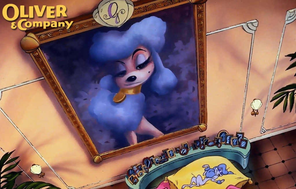 oliver and company 桌布 壁紙 — 一幅華麗藍色貴婦狗的裱框肖像掛在卡通房間裡一張有狗睡覺的床上方。