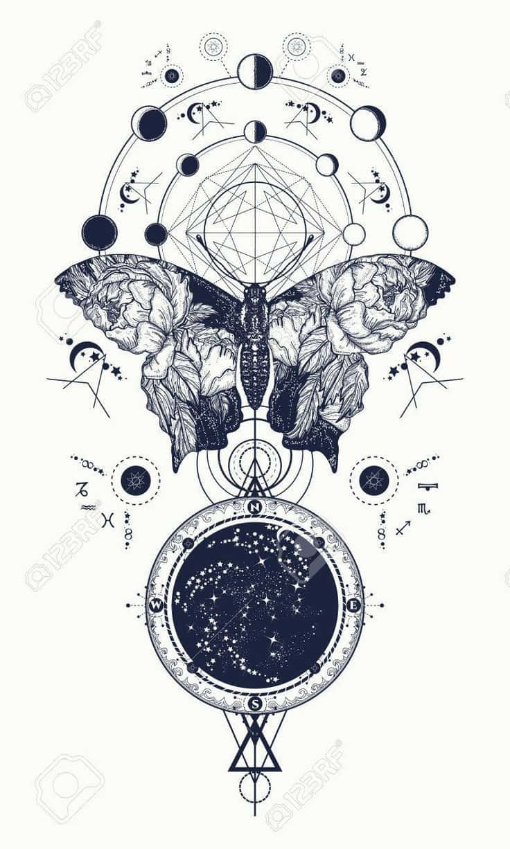 Rose Symbol 桌布 壁紙 — 一幅複雜的黑白插圖，描繪了一隻帶有花卉翅膀的蝴蝶，周圍環繞著天體符號和幾何圖案。