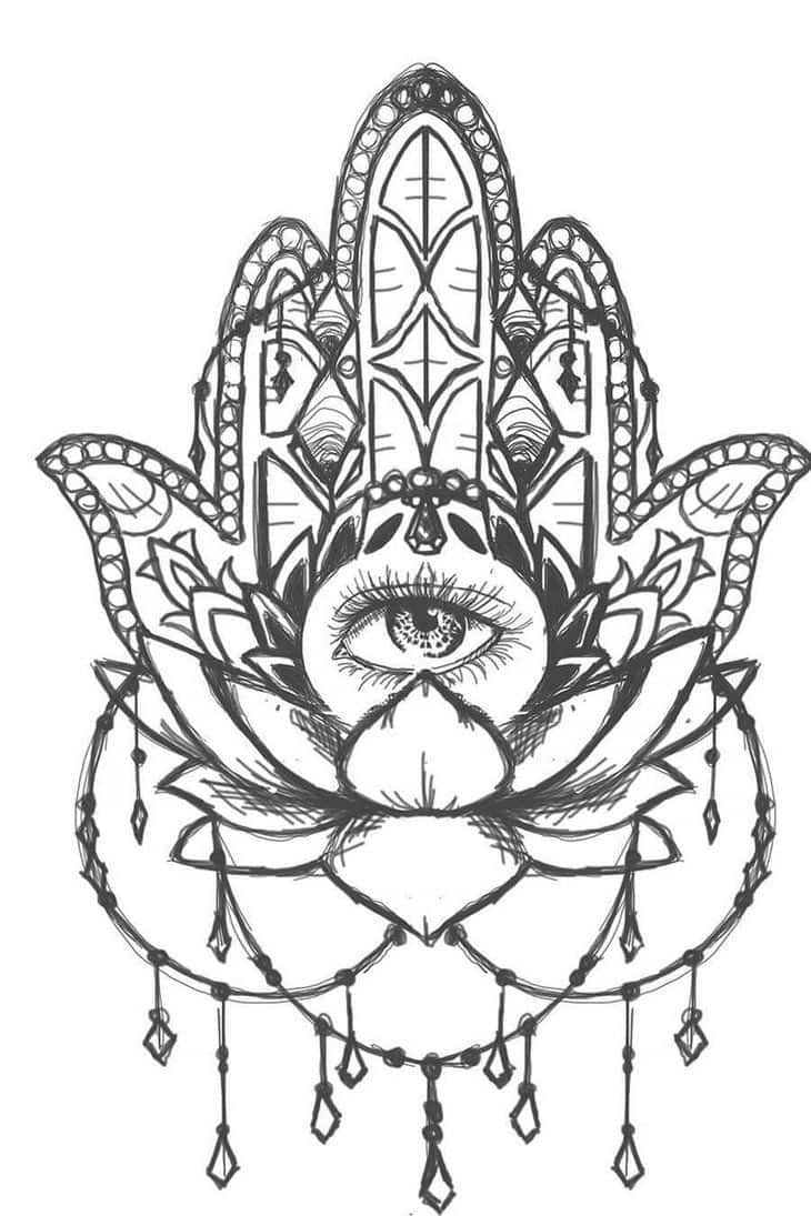 Hamsa 桌布 壁紙 — 一幅複雜的黑白線條畫，描繪一隻漢莎手，中心有一隻全視之眼，周圍環繞著蓮花瓣和垂墜的珠子。