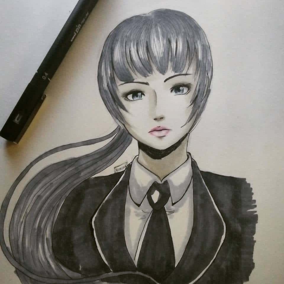 Yayoi Kunizuka 桌布 壁紙 — 一幅詳細的鉛筆畫，描繪了一位短瀏海長髮、穿著打領帶校服的動漫女孩。