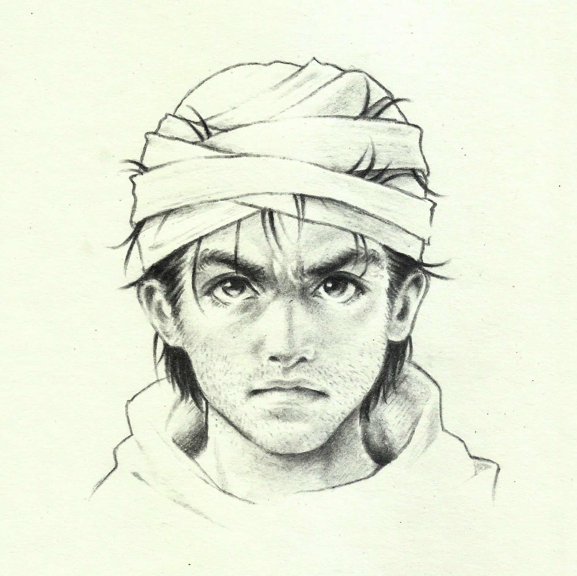Ging Freecss 桌布 壁紙 — 一幅詳細的鉛筆素描，描繪一位年輕男子，目光嚴厲，頭上纏著頭巾，背景簡潔。