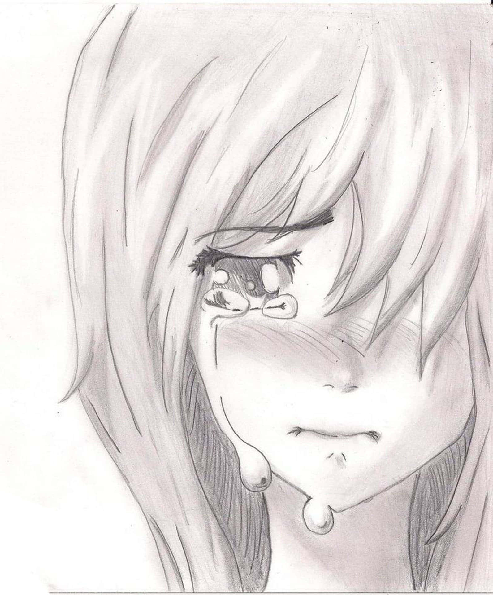 Cartoon Drawing 桌布 壁紙 — 一幅詳細的鉛筆素描，描繪一位長髮動漫女孩從眼睛流出兩大滴眼淚。