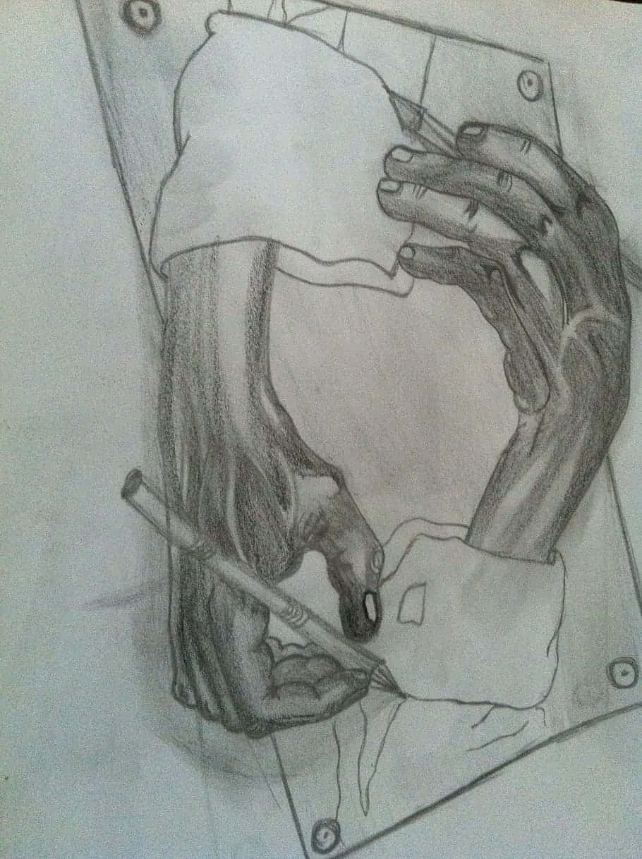 Charcoal Drawings 桌布 壁紙 — 一幅詳細的鉛筆素描，描繪兩隻手在平板電腦上用觸控筆繪畫，一隻手握住設備，另一隻手引導觸控筆。