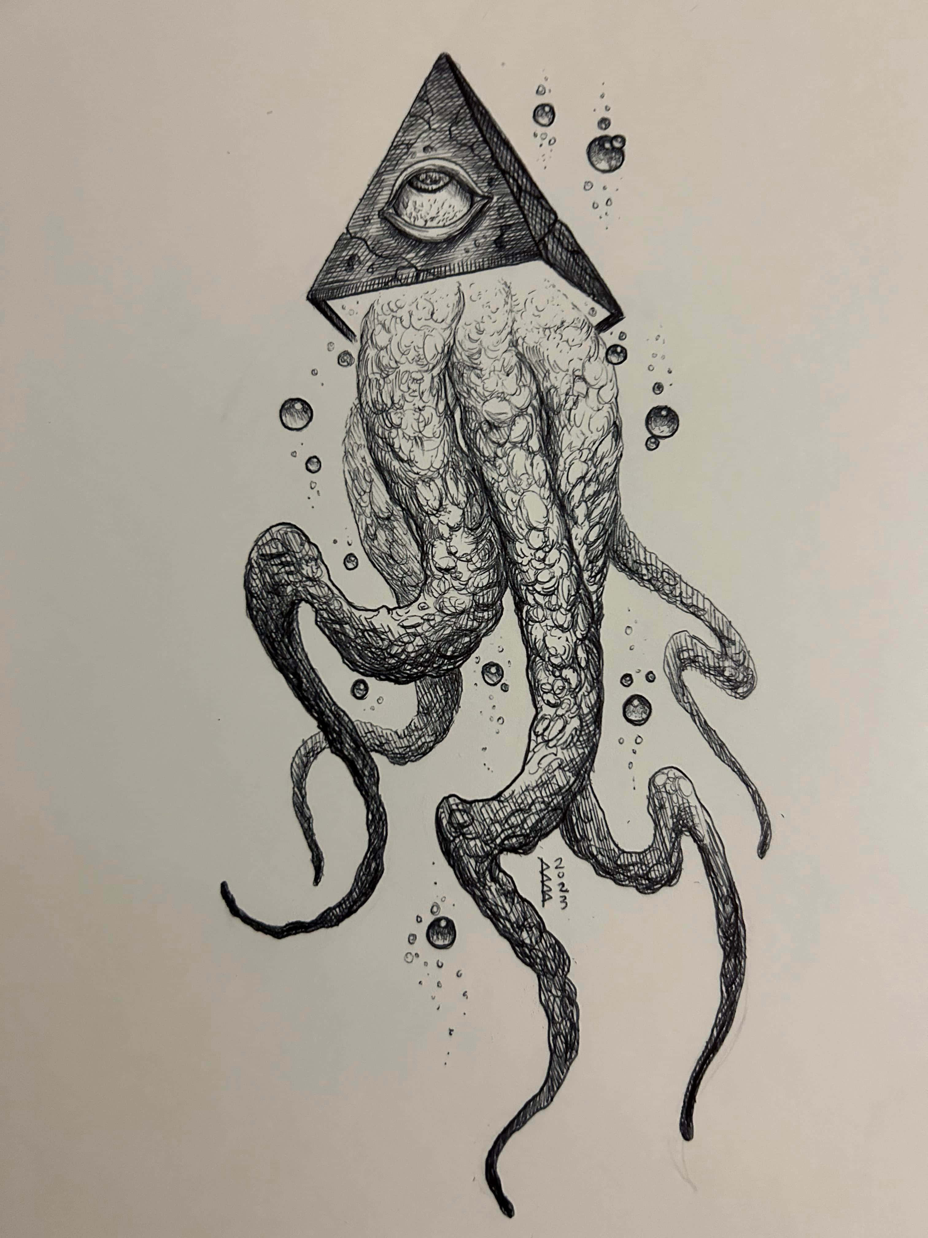 Black Art 桌布 壁紙 — 一幅詳細的黑白墨水畫，描繪了一隻章魚，其金字塔頭部包含一隻全視之眼，周圍環繞著氣泡。