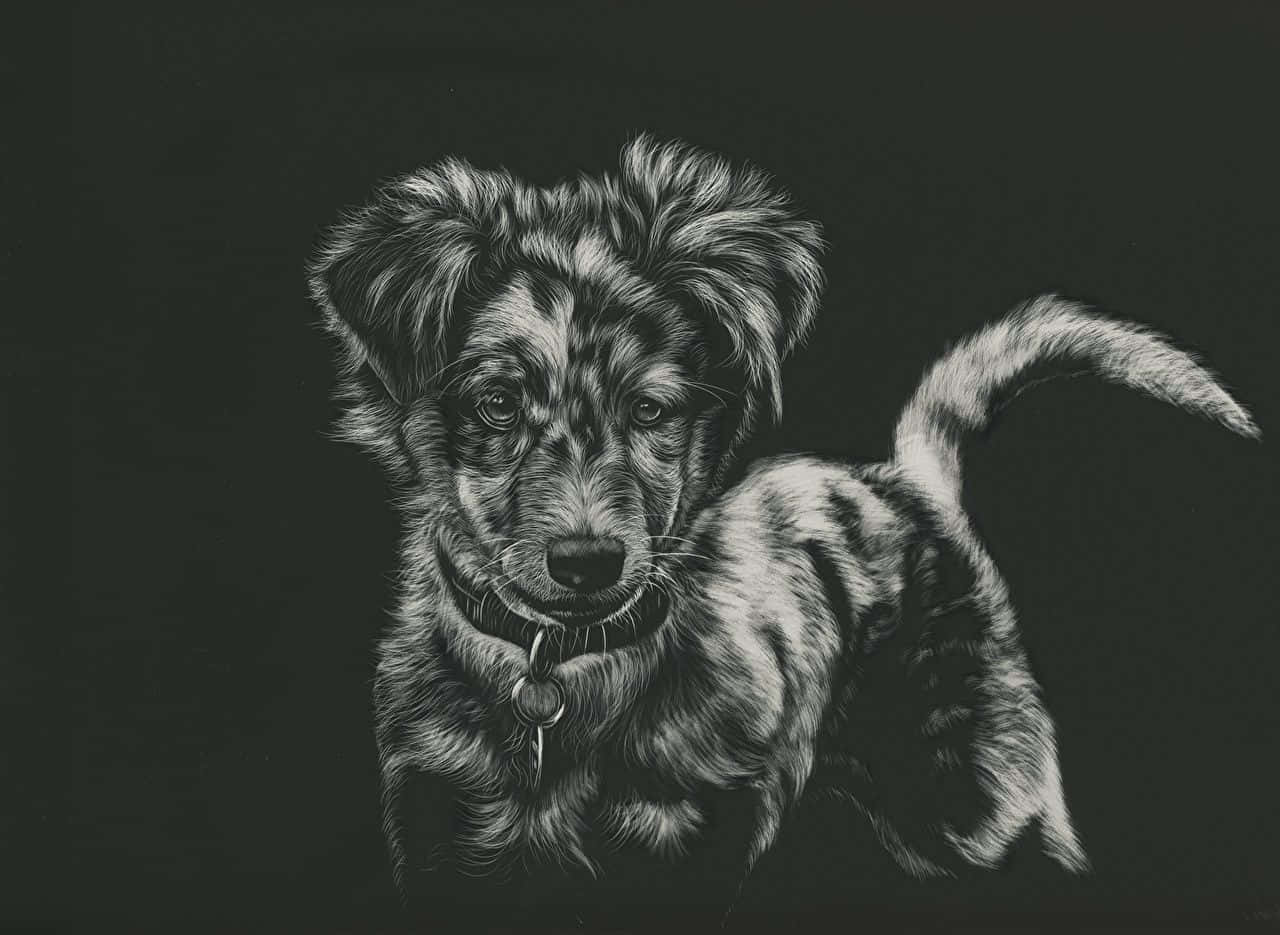 Black And White Animal 桌布 壁紙 — 一幅詳細的黑白插圖，描繪一隻毛茸茸的小狗，戴著項圈和標籤，在深色背景下直視觀眾。
