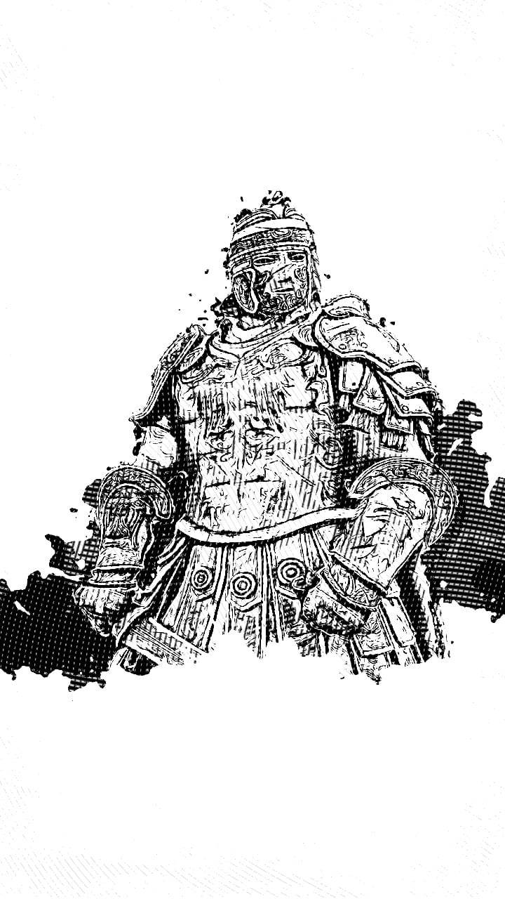 遊戲 桌布 壁紙 — 一幅詳細的黑白線條畫，描繪一位身穿重甲的騎士站在有紋理的背景前。