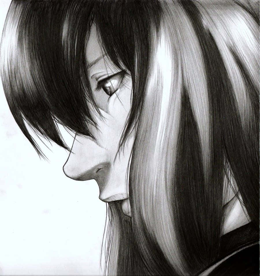 Naomi Misora 桌布 壁紙 — 一幅詳細的黑白鉛筆素描，描繪一位年輕的動漫女孩，長髮低垂，神情憂鬱。