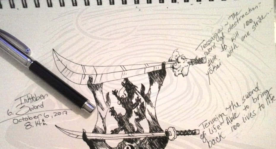 Tessaiga 桌布 壁紙 — 一幅詳細的黑色墨水素描，描繪兩把劍、神話生物以及用筆在螺旋筆記本紙上寫下的手寫筆記。