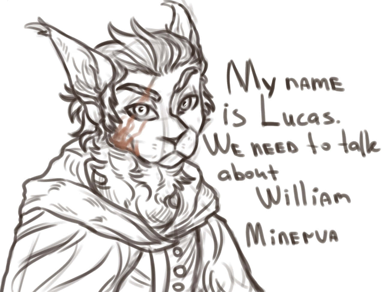 The Promised Neverland Lucas 桌布 壁紙 — 一幅貓人形嘅草圖，有尖耳同面頰疤痕，著住連帽外套，旁邊有手寫文字介紹佢係Lucas，並提及William Minerva。