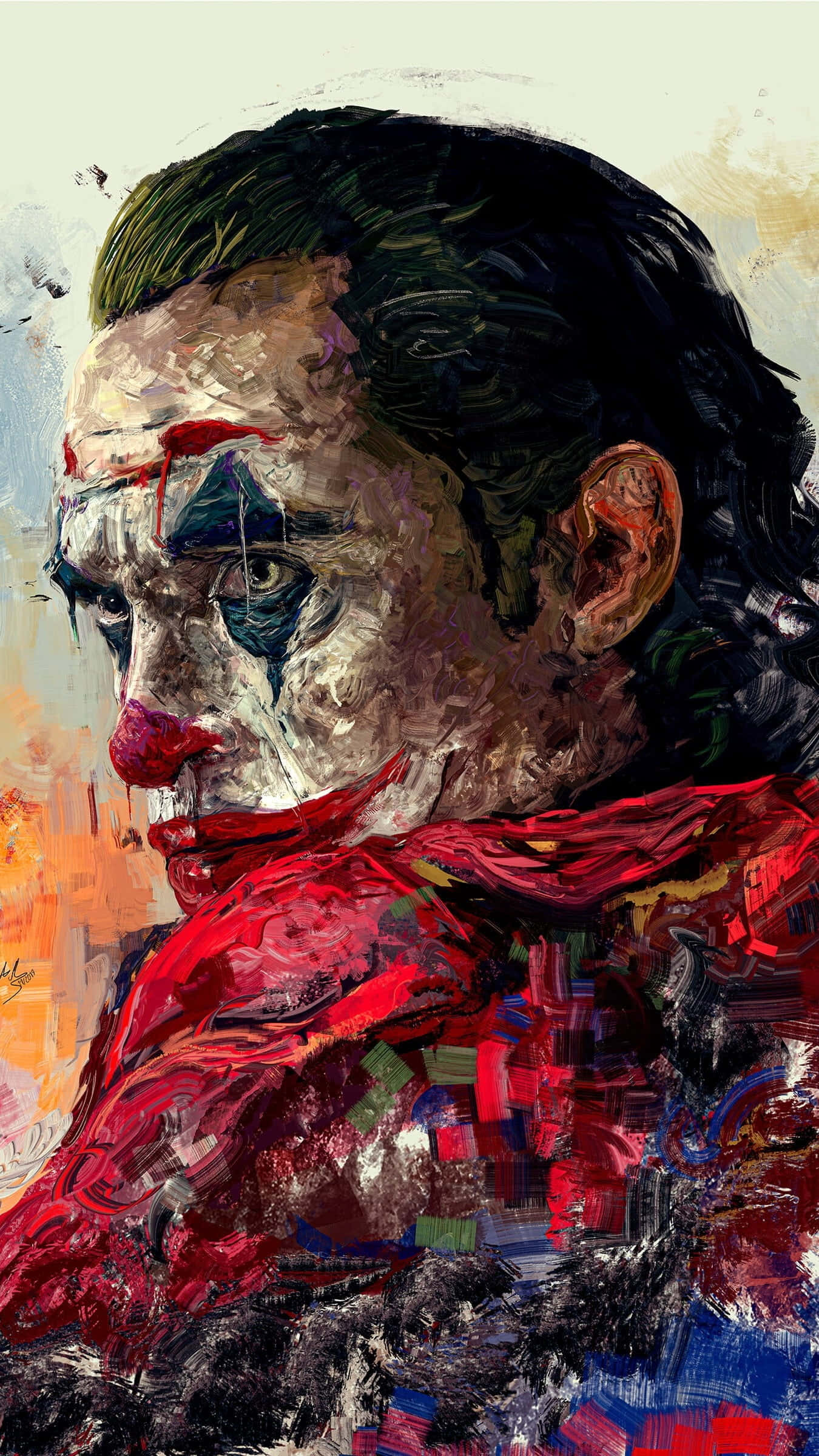 Joker Painting 桌布 壁紙 — 一幅質感粗糙嘅小丑肖像，化妝模糊，戴住一條鮮紅色圍巾，背景係混亂嘅抽象圖案。