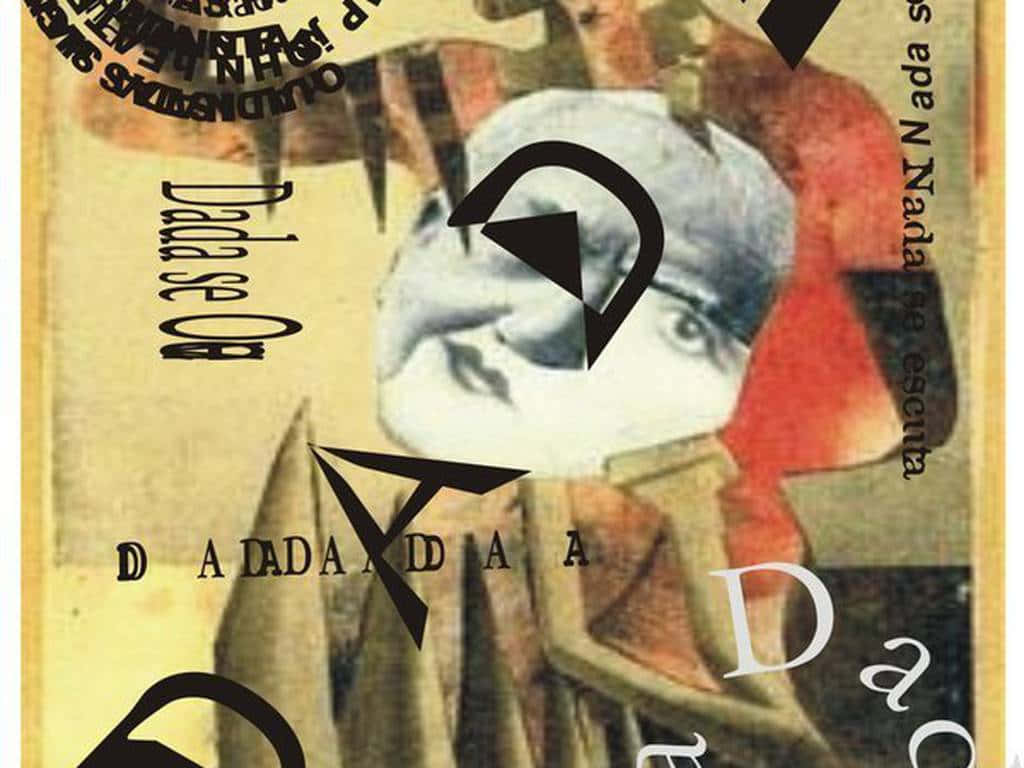 Dadaism 桌布 壁紙 — 一幅超現實拼貼畫，呈現破碎的人臉、粗體黑色字體和溫暖的復古色調。