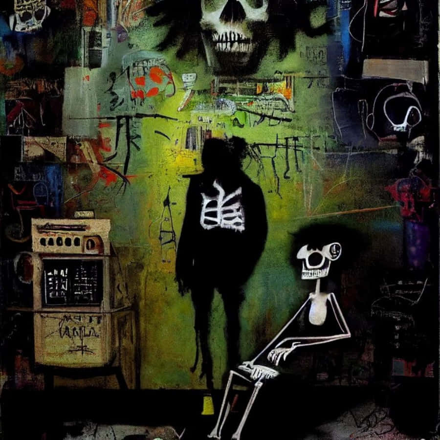 Mixed Media 桌布 壁紙 — 一幅超現實拼貼畫，描繪了一個陰影人物和一個骷髏角色，背景是混亂的綠色牆壁，上面有塗鴉和頭骨。