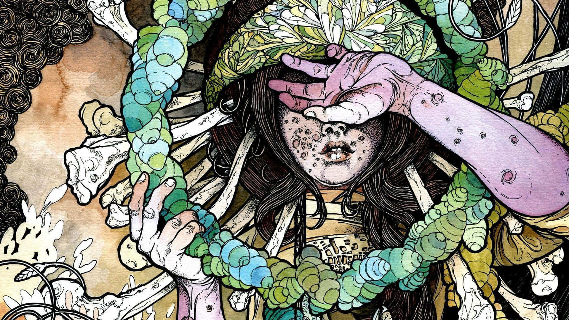 Psychedelic 3d Art 桌布 壁紙 — 一幅超現實插圖，描繪一位深色頭髮、紫色雙手的女性，部分被綠色藤蔓花環遮擋，周圍環繞著骨頭和樹葉。