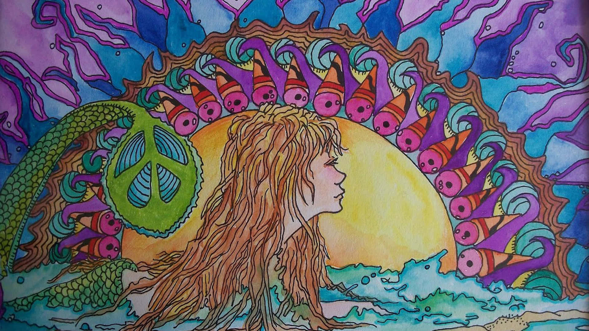 嬉皮士 桌布 壁紙 — 一幅超現實插圖，描繪一個長髮人物，帶有和平標誌和迷幻魚圍繞著發光的太陽旋轉。