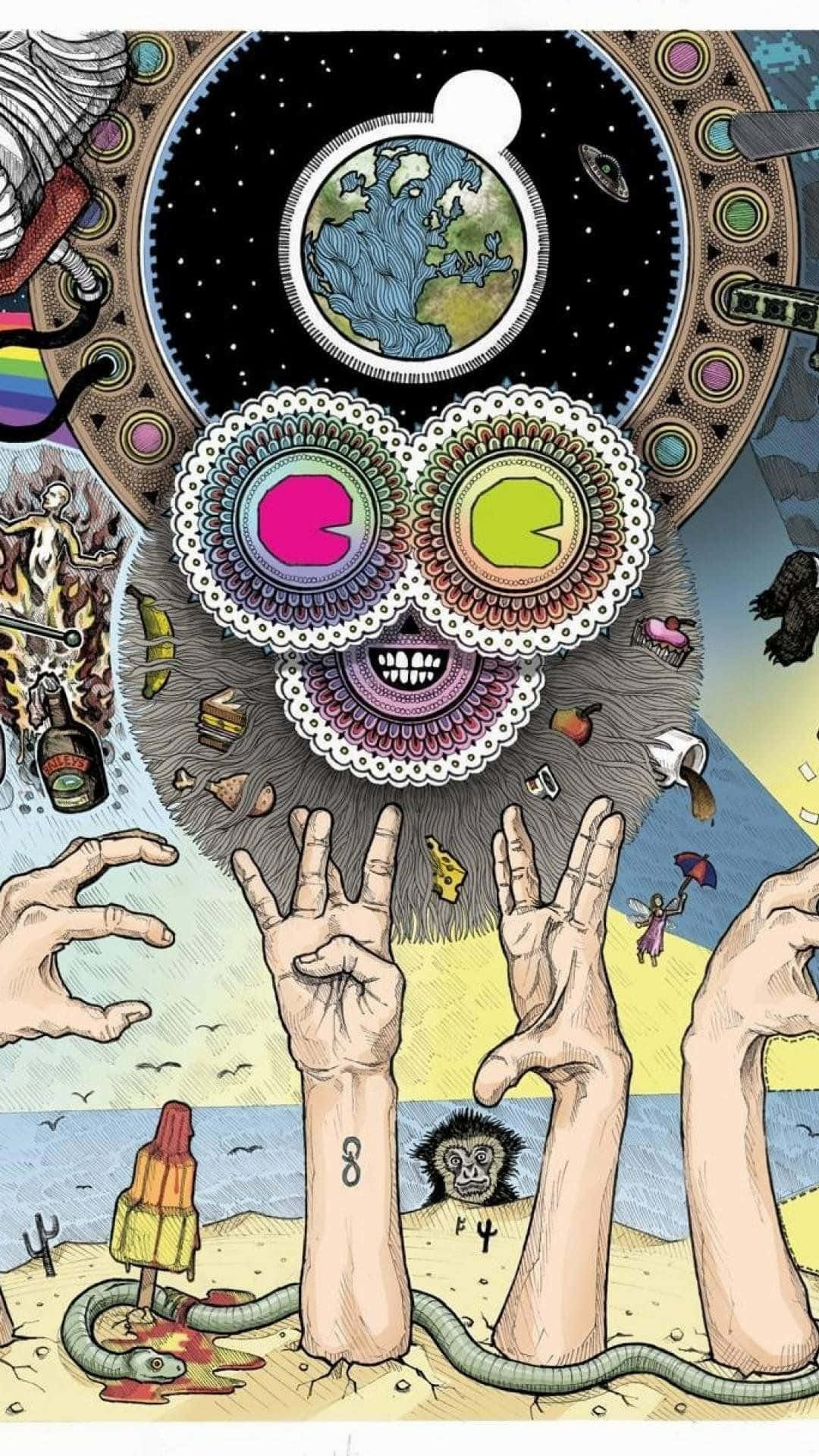 Psychedelic 70s Aesthetic 桌布 壁紙 — 一幅超現實插圖，描繪一隻毛茸茸的生物，擁有迷幻眼睛和宇宙球體，周圍環繞著手、動物和漂浮物體。