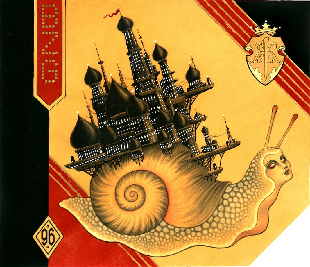 Dark Tales 桌布 壁紙 — 一幅超現實插圖，描繪一隻蝸牛背負著黑色洋蔥圓頂城堡，背景為金黃色，帶有紅色條紋和紋章符號。