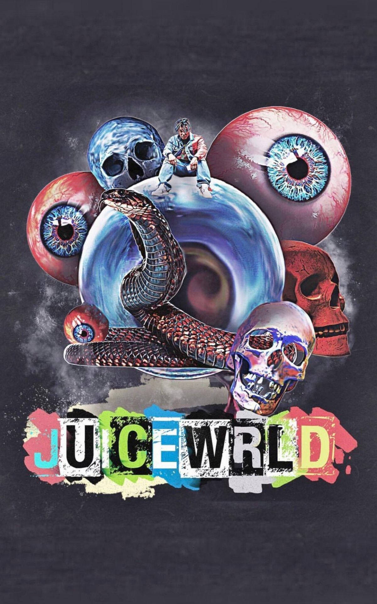 Juice WRLD 桌布 壁紙 — 一幅超現實數位藝術作品，描繪一個人物坐在一個巨大的眼球上，周圍環繞著頭骨和漂浮的眼睛，背景為深色。