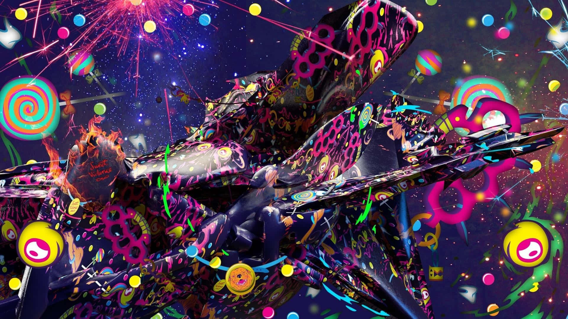 Psychedelic 3d Art 桌布 壁紙 — 一幅超現實數碼藝術作品，展示一艘裝飾著鮮豔圖案的迷幻太空船，在充滿漂浮棒棒糖和彩色球體的星空宇宙中飛行。
