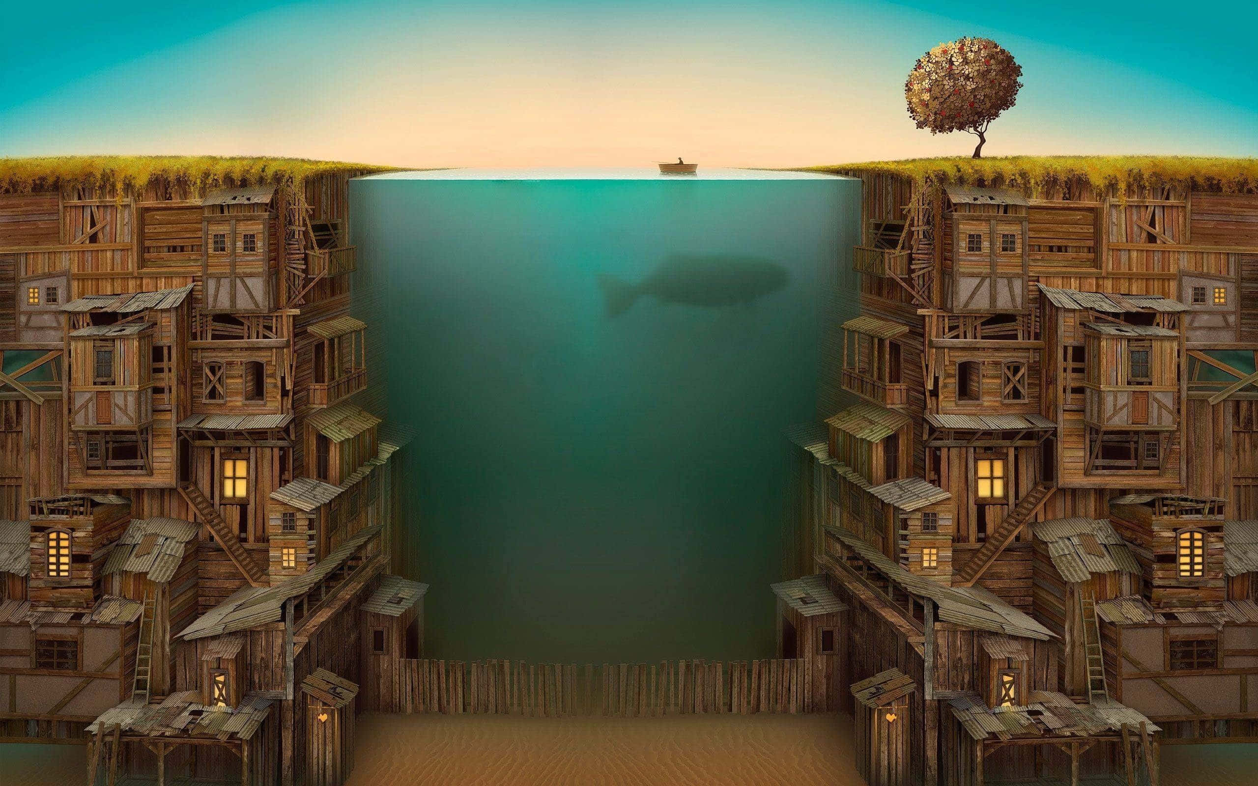 Imaginative 桌布 壁紙 — 一幅超現實數碼藝術作品，展示在深海海溝兩側建造的木屋，遠處有一棵孤樹和一艘小船。