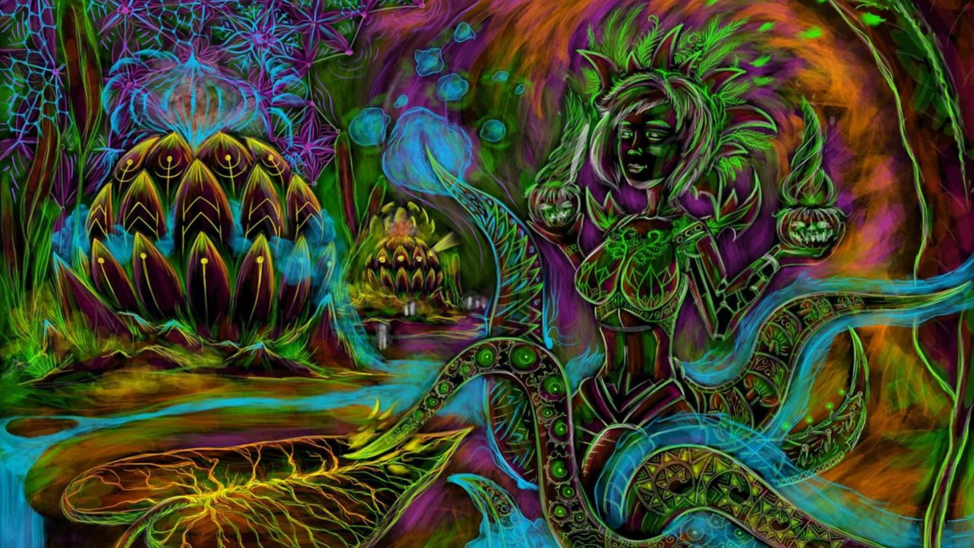 psychedelic art 桌布 壁紙 — 一幅超現實數碼藝術作品，描繪一位綠色皮膚、頭髮如葉的女神手持燃燒的頭骨，周圍環繞著發光的外星植物和宇宙能量漩渦。