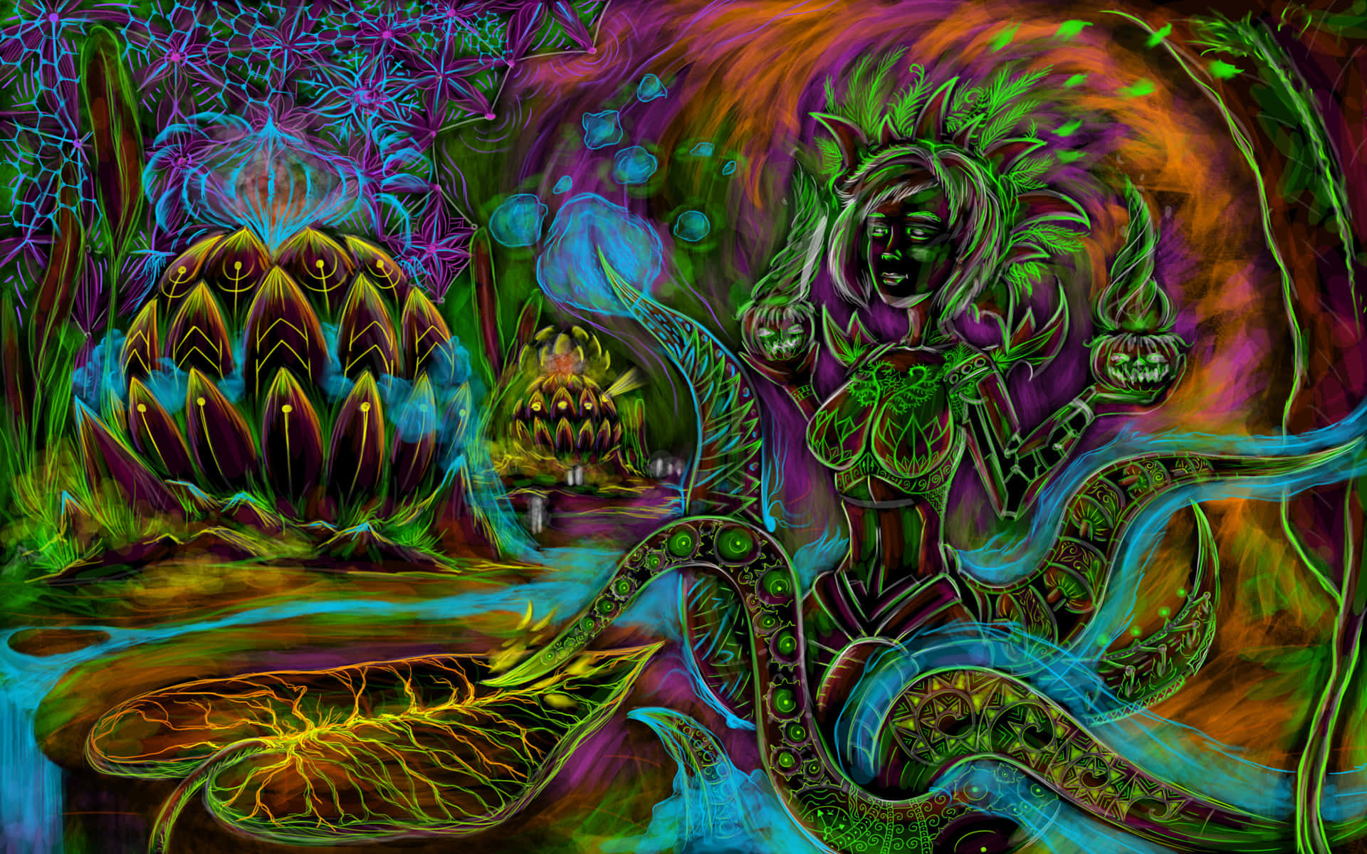 Psychedelic 3d Art 桌布 壁紙 — 一幅超現實數碼藝術作品，描繪一個綠色皮膚、頭髮如葉的人物，在充滿活力的霓虹植物和旋轉的宇宙圖案中手持發光球體。