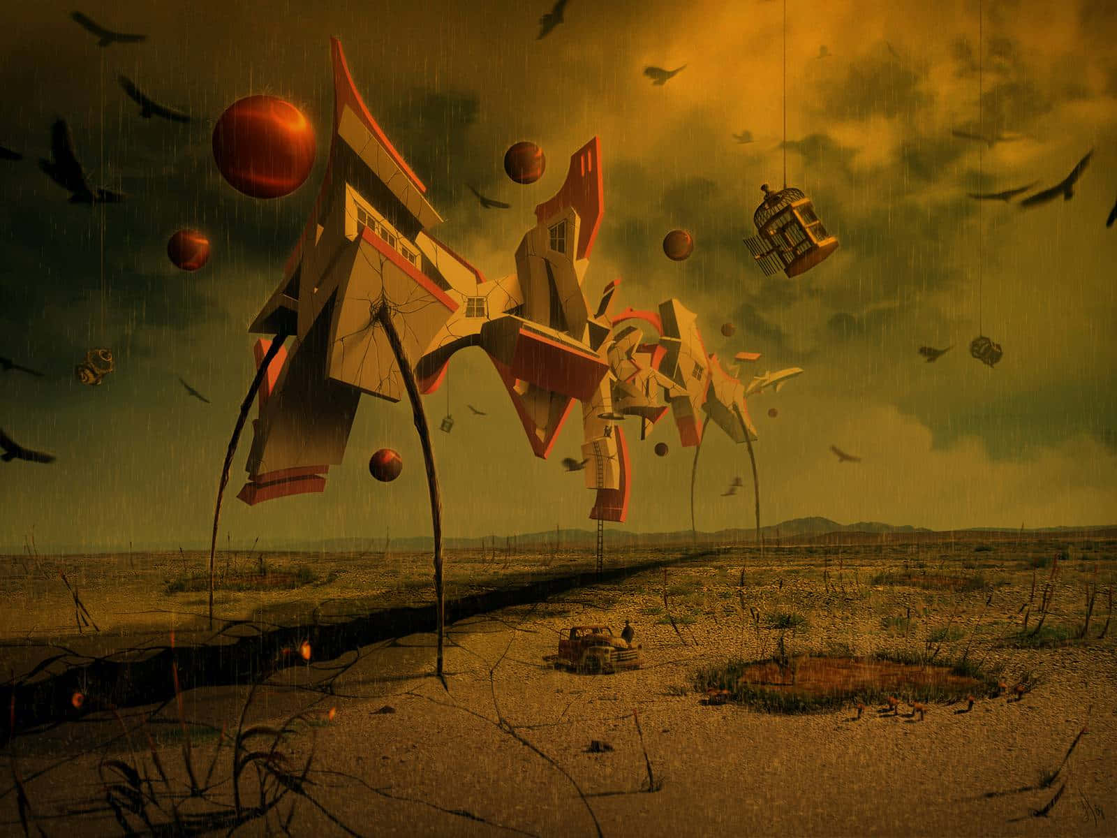Dark Surrealism 桌布 壁紙 — 一幅超現實數碼藝術場景，顯示一座破碎的紅白建築物漂浮在龜裂的沙漠景觀之上，背景是風暴般的黃色天空，有鳥類和漂浮的球體。