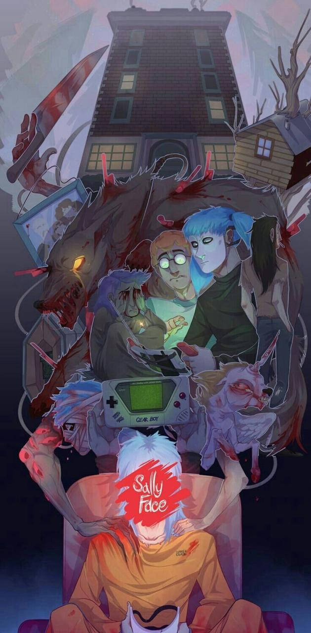 恐怖 桌布 壁紙 — 一幅超現實數碼藝術插圖，描繪恐怖遊戲場景，一個男孩手持 Game Boy，被怪獸和鬼屋包圍。
