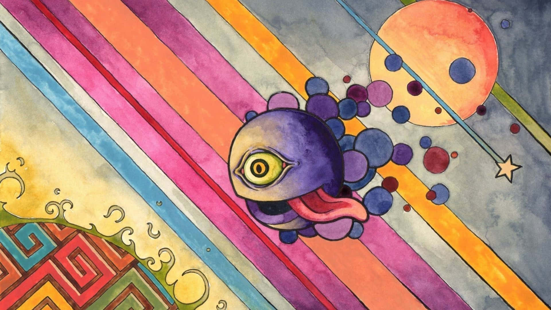 Cartoon Alien 桌布 壁紙 — 一幅超現實水彩插圖，描繪一隻紫色獨眼生物，伸出粉紅色舌頭，衝破色彩繽紛的對角線條，背景是宇宙星空。