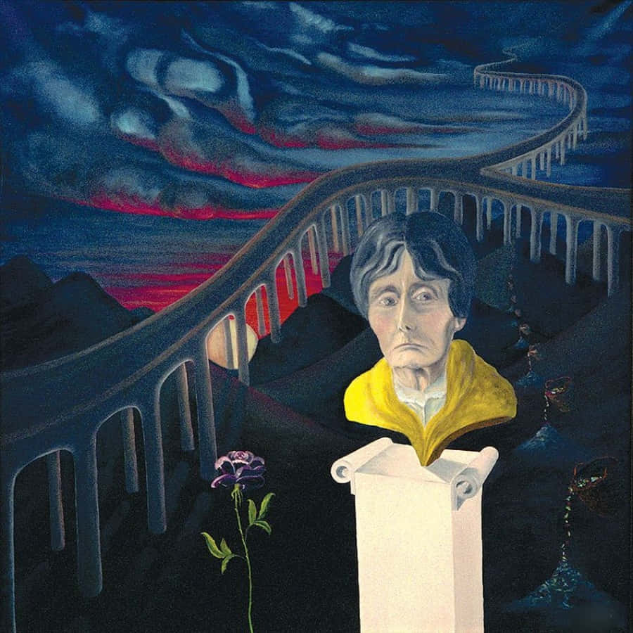 Postmodernism 桌布 壁紙 — 一幅超現實畫作，描繪一個身穿黃色外套的半身像立於基座上，背景是漩渦狀的暮色天空和蜿蜒的橋樑。