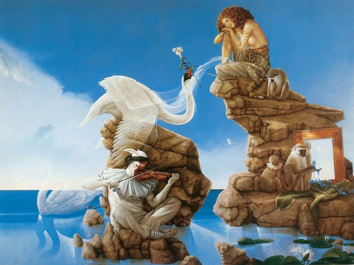 Realism 桌布 壁紙 — 一幅超現實畫作描繪了一位小提琴家站在岩石上，旁邊有天鵝，而一位女子則在俯瞰海洋的懸崖頂上沉睡。