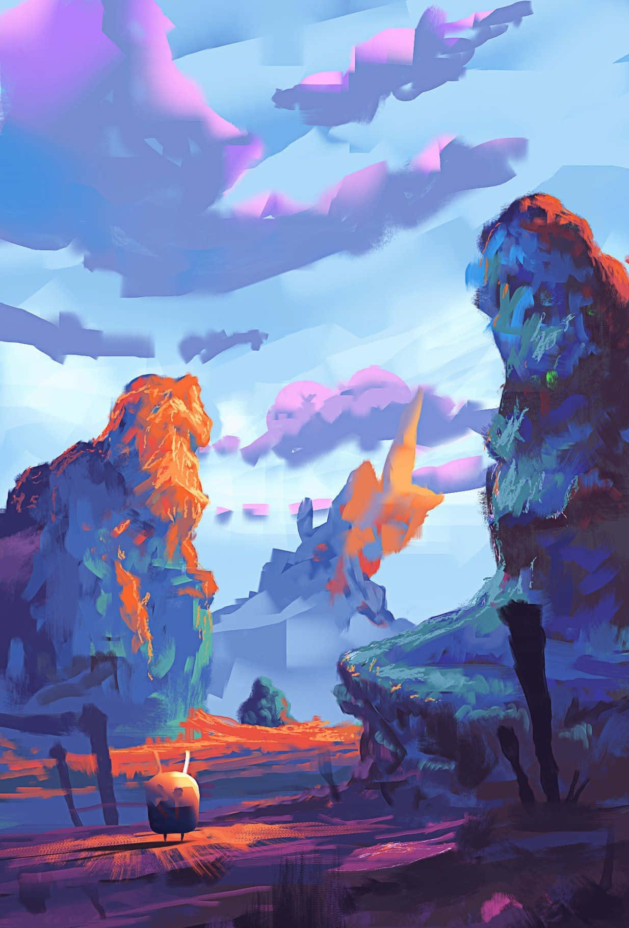 Gaming Art 桌布 壁紙 — 一幅超現實的數位畫作，描繪在粉紫色和藍色天空下，漂浮雲朵中發光的橙色和藍色岩石 formations。