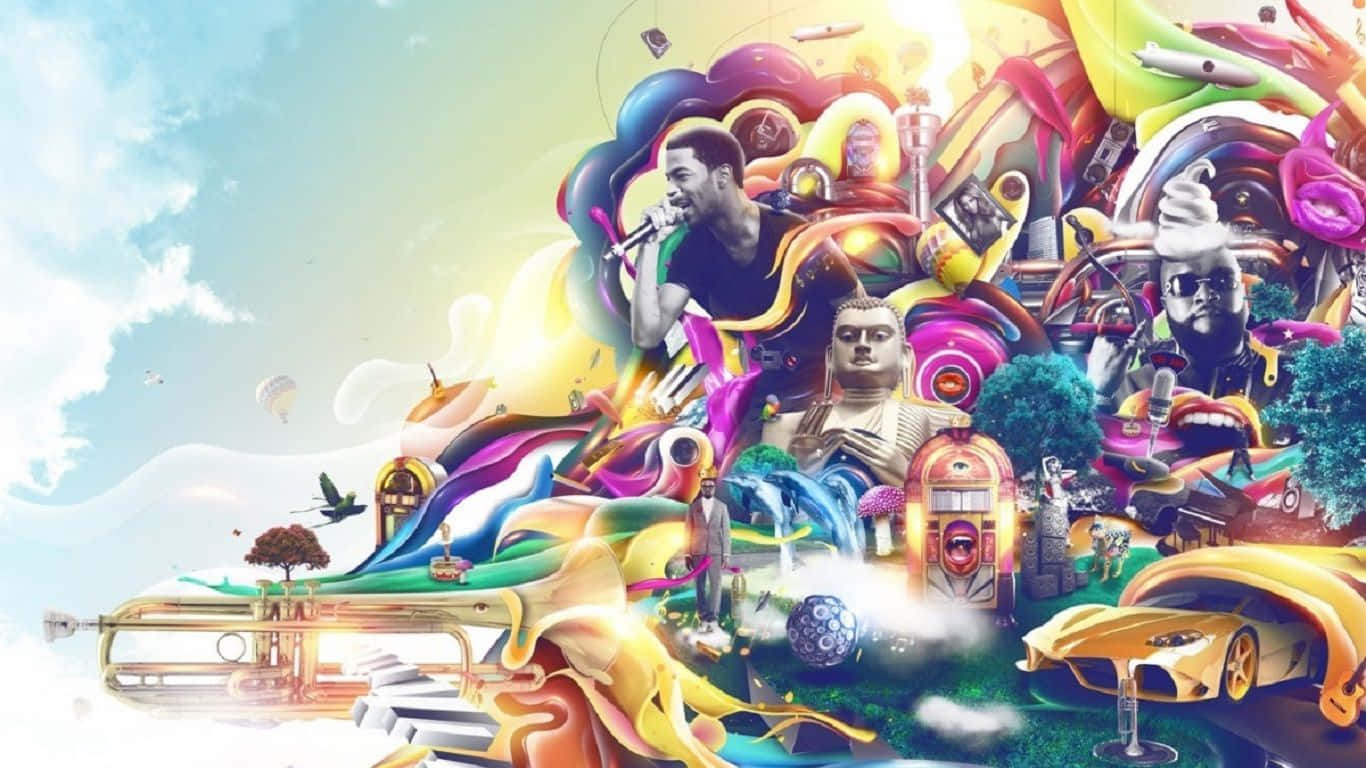 Mind-blowing 桌布 壁紙 — 一幅超現實的數碼拼貼畫，充滿鮮豔色彩和多元物件，如喇叭車、佛陀和音樂家，背景是明亮的天空。