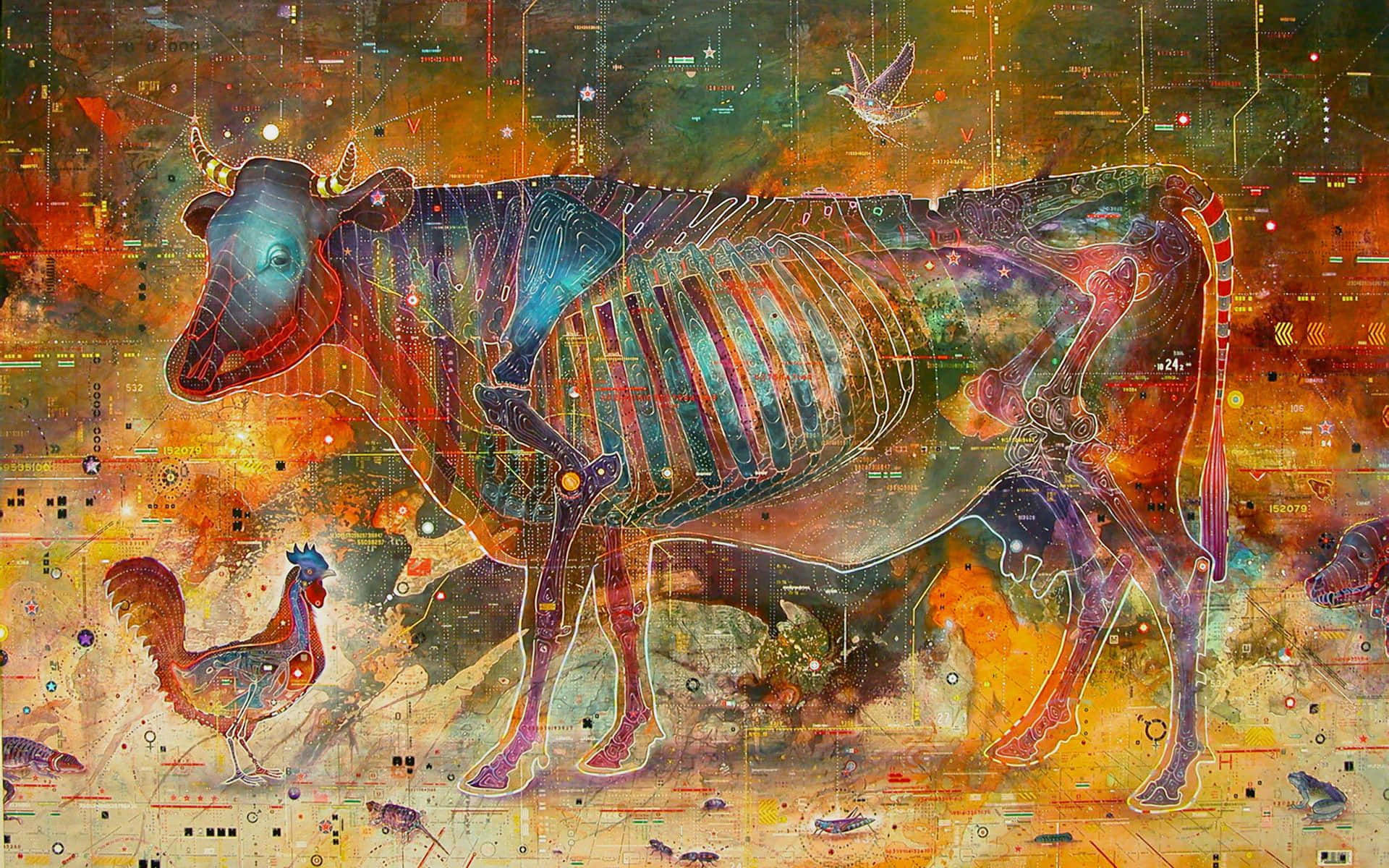 Trippy Animals 桌布 壁紙 — 一幅超現實的數碼藝術作品，展示一頭牛身上疊加著發光的骨骼結構，周圍環繞著鳥類和抽象電路圖案。