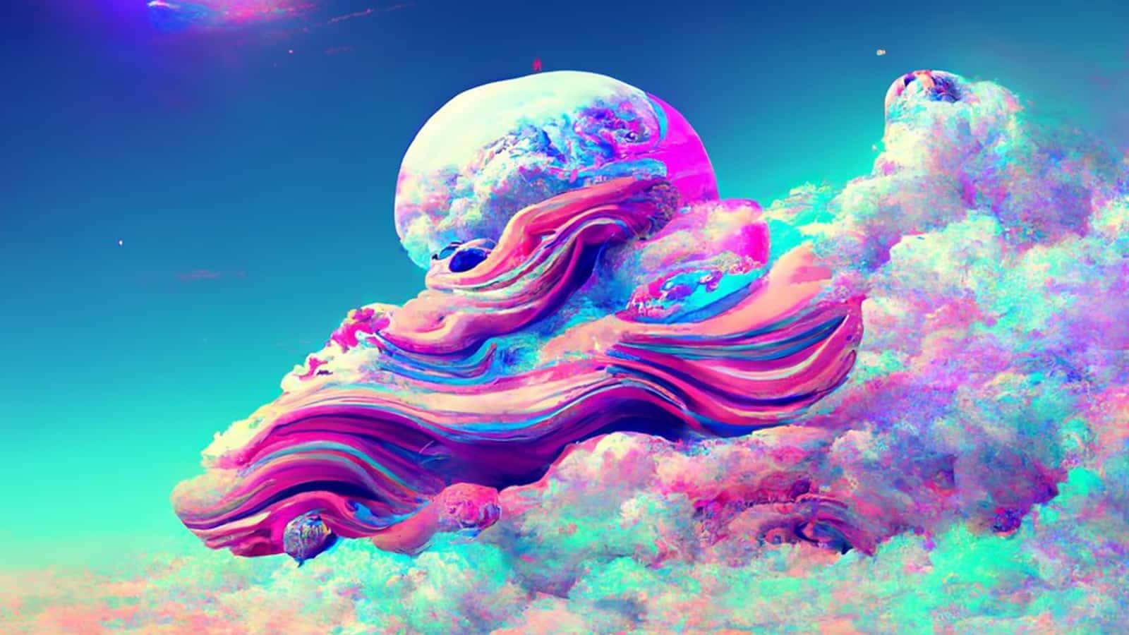 Midjourney 桌布 壁紙 — 一幅超現實的數碼藝術作品，描繪一顆發光的行星，周圍環繞著旋轉的粉紅色和青色雲彩，在充滿活力的宇宙天空中。