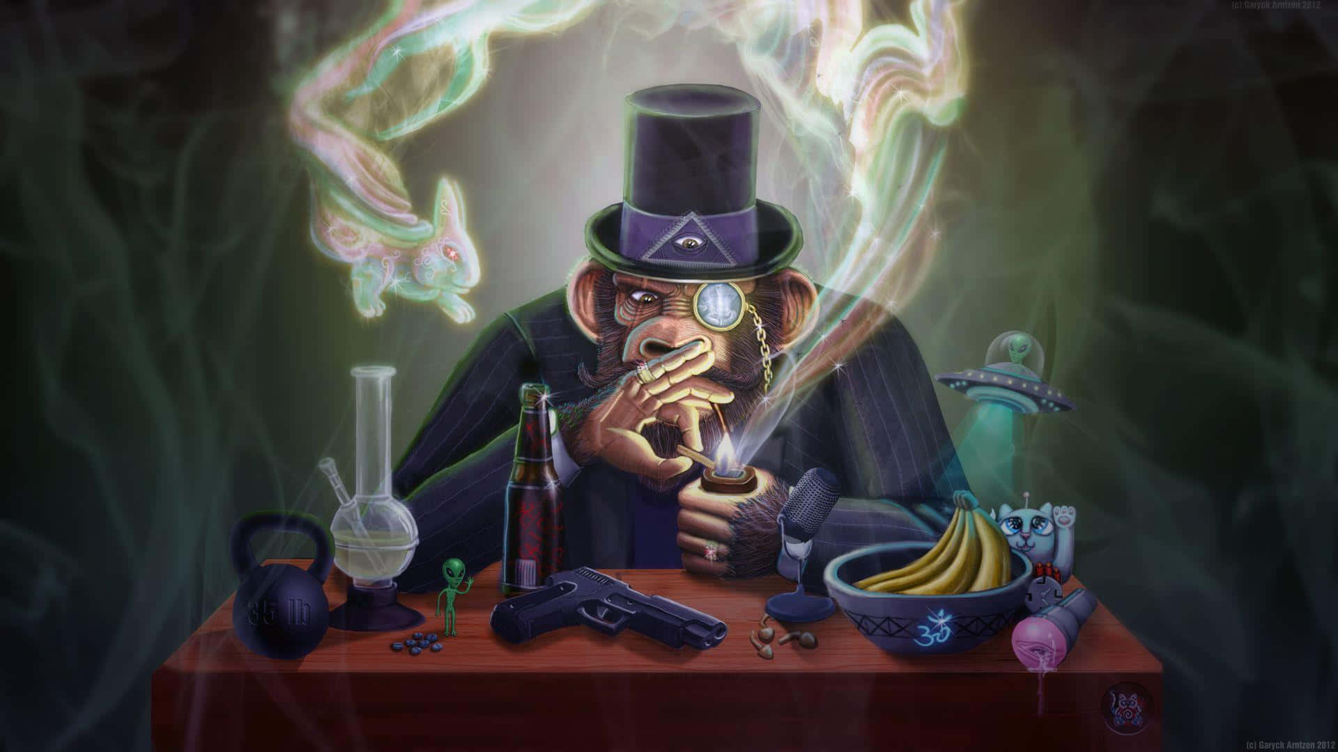 420 桌布 壁紙 — 一幅超現實的數碼藝術作品，描繪一隻戴著高帽的猴子抽著煙斗，周圍環繞著神秘發光的煙霧和雜亂桌子上的怪異物品。