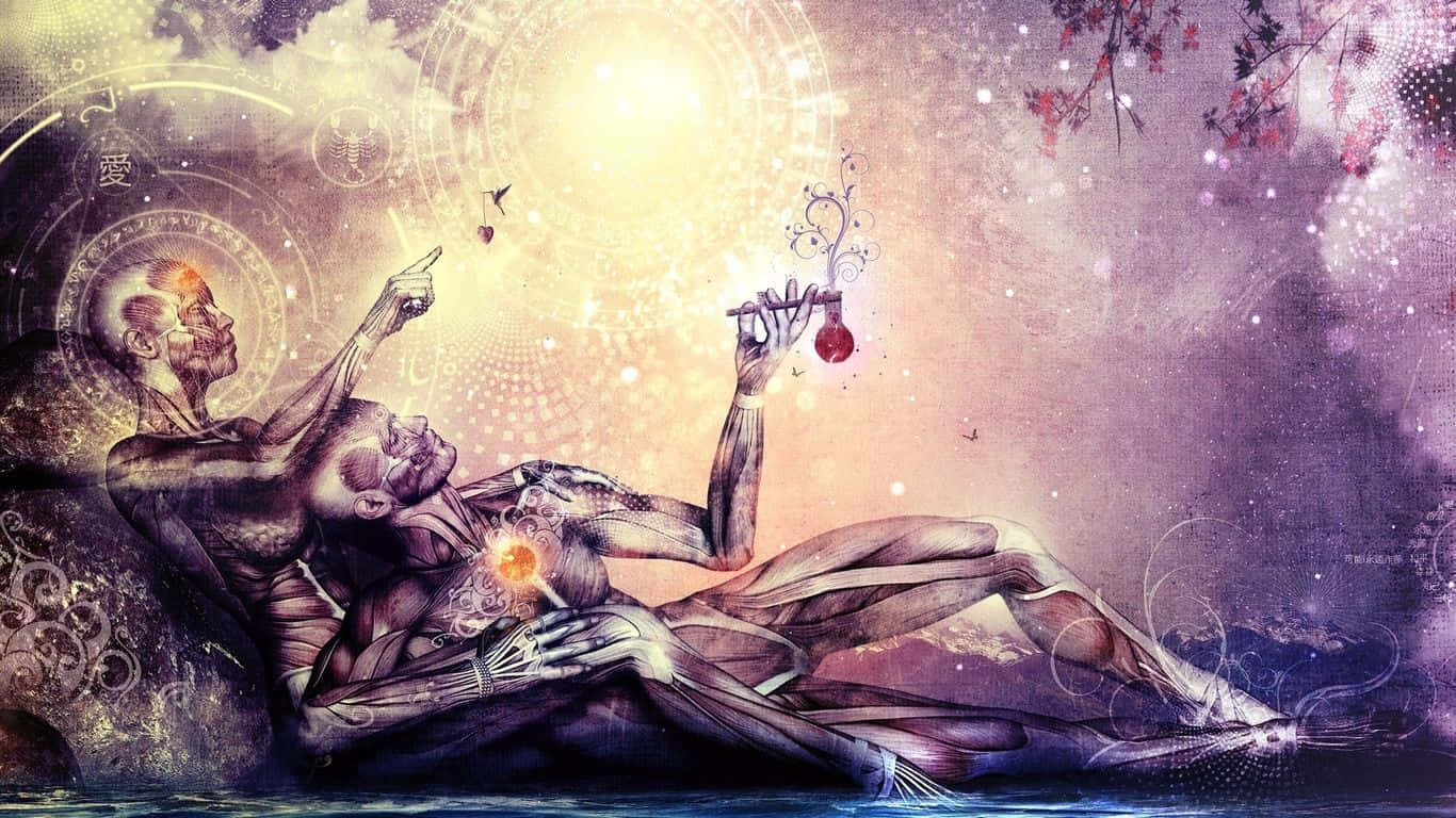 chakra 桌布 壁紙 — 一幅超現實的數碼藝術作品，描繪了兩個交織的人形，帶有發光的器官和神秘的符號，背景是宇宙紫色和金色。